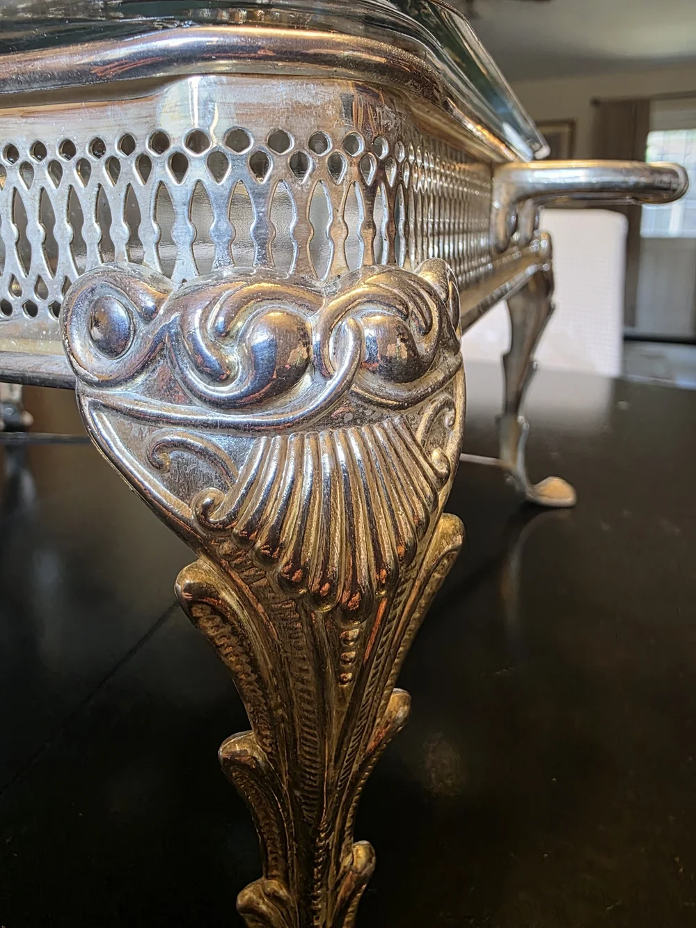 Source Unknown Silver Double Chafing Dish with Ornate Stand
